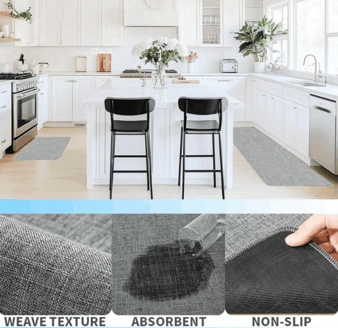 Kitchen Rugs Set of 2 for Floor: Non-slip kitchen rugs mats designed for kitchen floor use, featuring absorbency and stain resistance. These kitchen runner rugs have a rubber backing for non-skid properties and are washable. Ideal for placement in front of the sink, they come in a gray linen style.