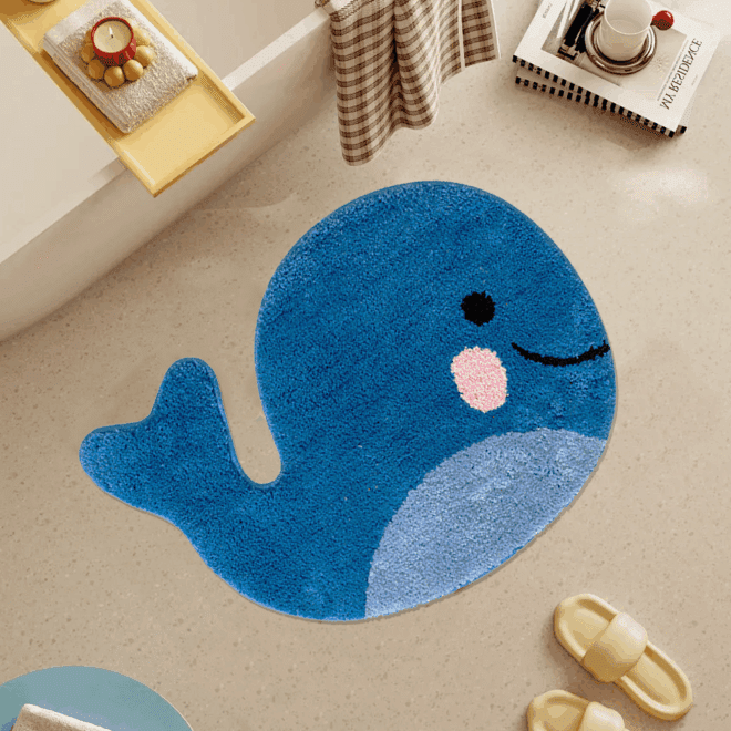 Blue Bathroom Rugs Whale Bath Rug Cute Non Slip Mat Washable Microfiber Terry Water Absorbent Farmhouse Floor Mat for Kids