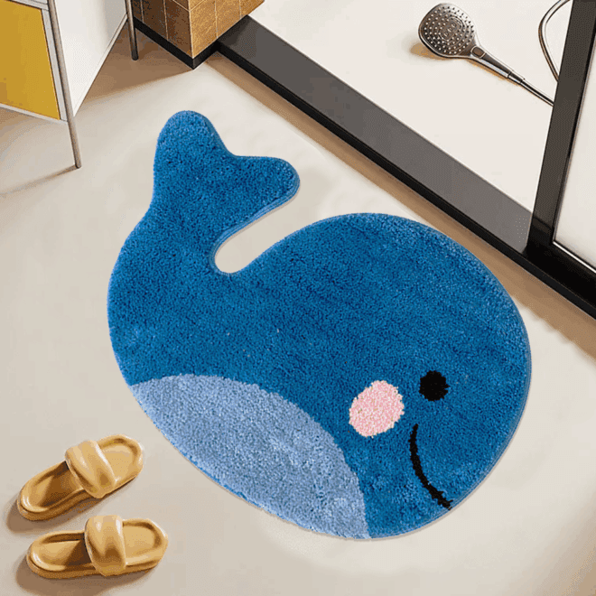 Blue Bathroom Rugs Whale Bath Rug Cute Non Slip Mat Washable Microfiber Terry Water Absorbent Farmhouse Floor Mat for Kids