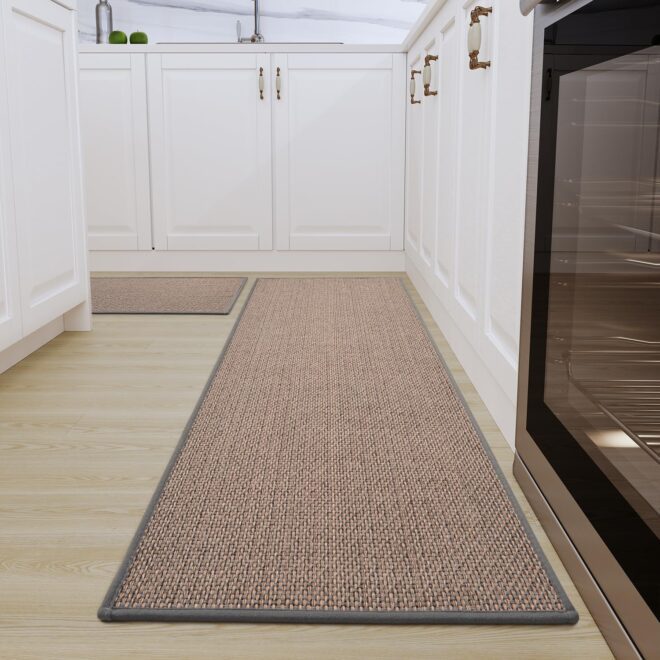 Kitchen Rug Mat Sets Non Slip Washable, Absorbent Floor Mats for Kitchen, Runner Rugs Set for Kitchen, Hallway, Dining Room, 44x77cm+44x120cm, Beige